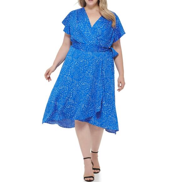 DKNY Women's Faux-Wrap Dress 20W Cobalt Blue White Printed Flutter-Sleeve NWT - Picture 1 of 15